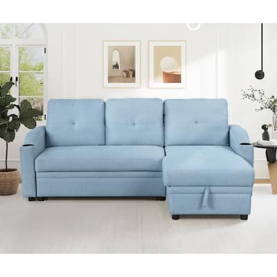 Pull Out Sofa Bed with Storage Chaise & Cup Holder