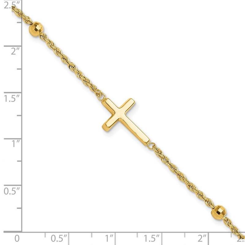 Curata 14k Yellow Gold 7.5" 11mm Diamond Cut Beads Cross Rope Bracelet