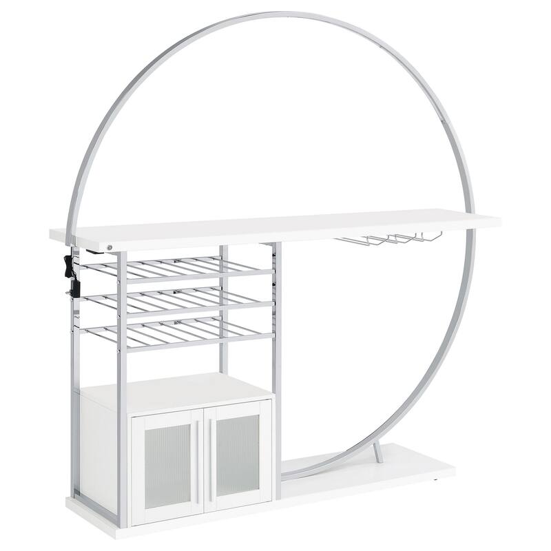 Riya Home Bar Table, LED Light, Cabinets, Wine Storage, White, Chrome Metal