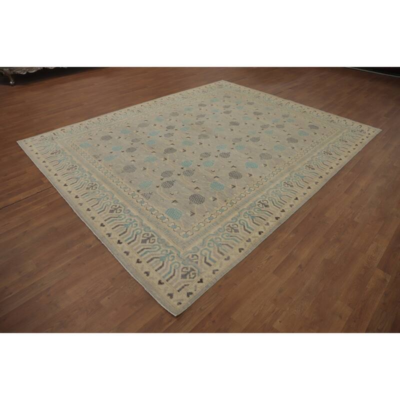Hand Knotted Oriental 100% Wool Carpet Transitional All-Over Greys & Charcoal Oushak Area Rug - 9' 10'' X 7' 9''