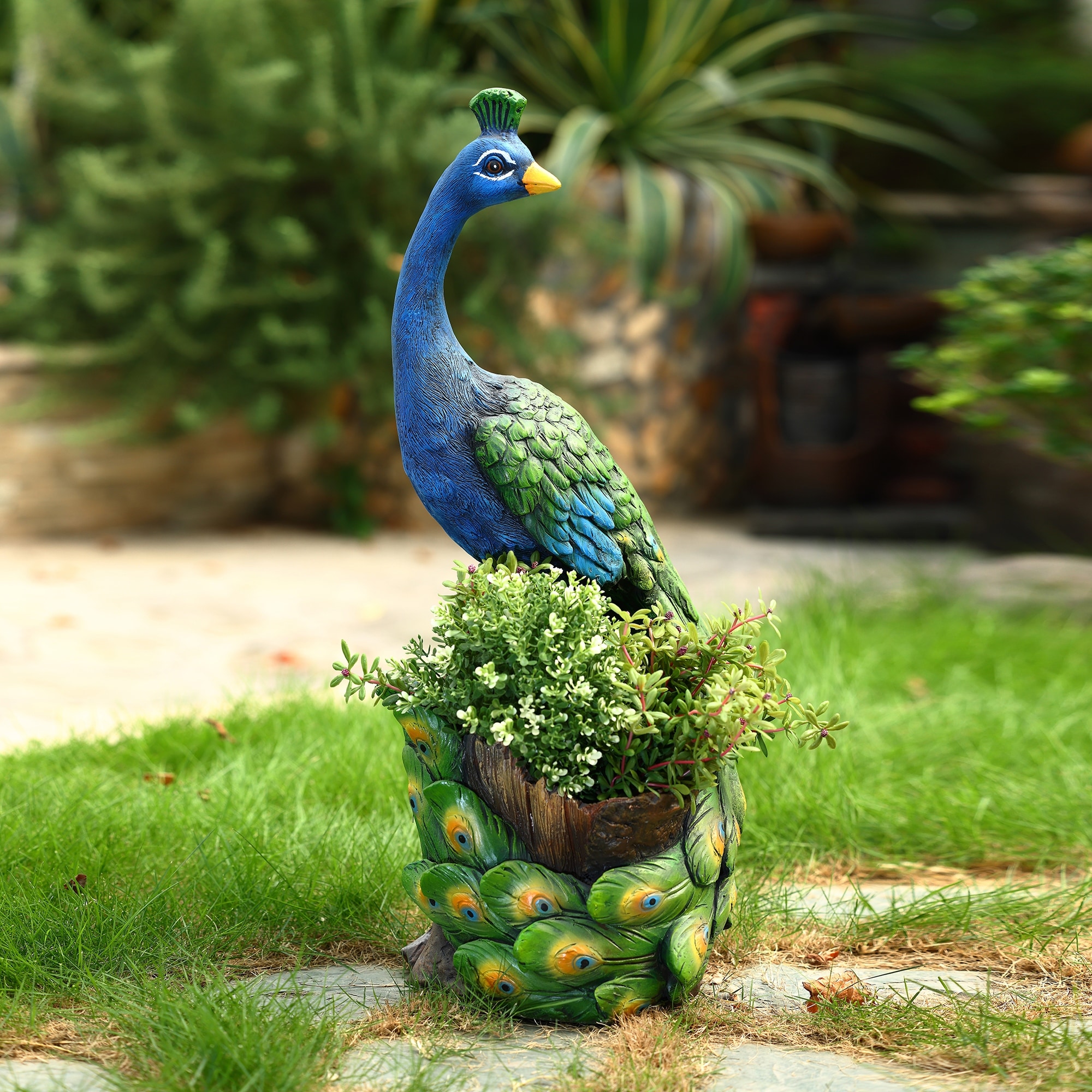 Blue and Green Peacock MgO Statue Planter - 27.25