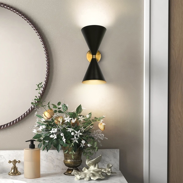 2 Light Modern Adjustable Head Cone Vanity Light Up Down Dual Horn Hourglass Wall Sconce Black