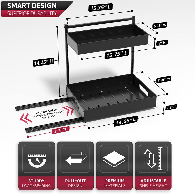 Sorbus Under Sink Organizer with Sliding Tracks and Adhesive Tape, 2-Tier Metal Pull Out Storage Rack