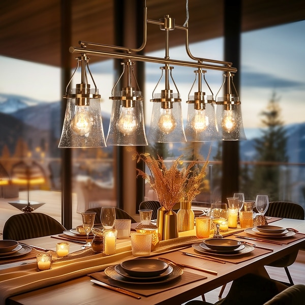 Haye Modern Gold Brass 5-Light Chandelier Seeded Glass Kitchen