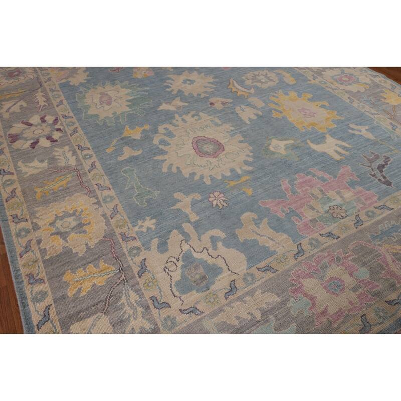 Blue Floral Oushak Turkish Area Rug Hand-Knotted Wool Carpet - 8'3"x 10'1"