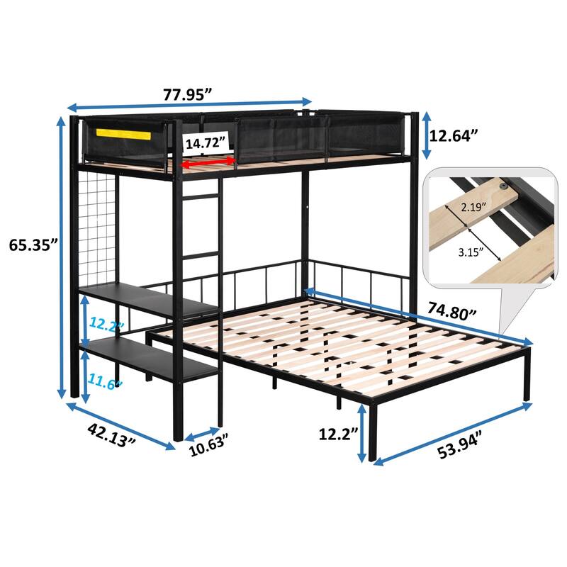 Twin over Full Metal Bunk Bed with Shelves, Grid Panel & Separable Full Bed Frame