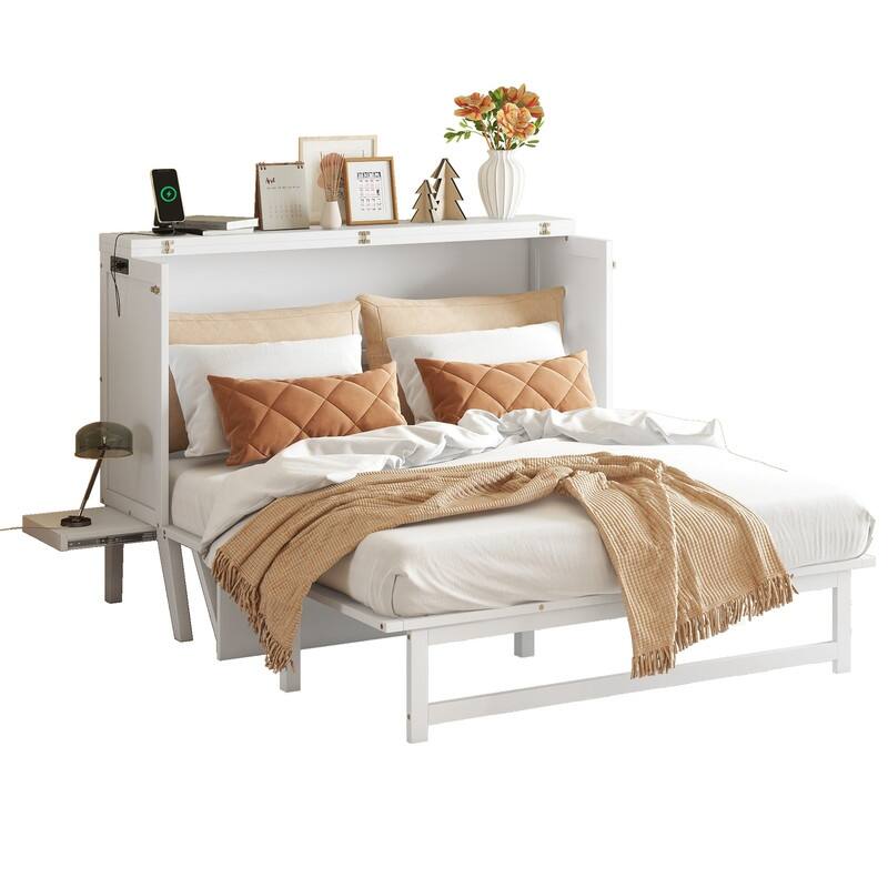 Murphy Cabinet Bed with USB Port and Removable Shelves on Each Side, Space-Saving Cube Cabinet Bed with Desk