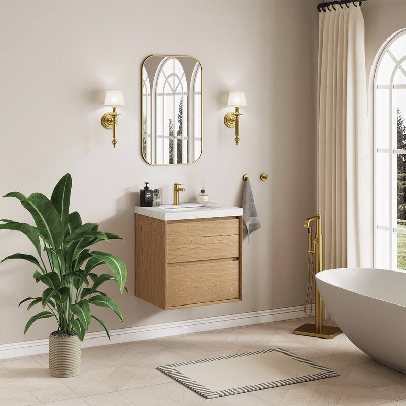Sylphar 24 inch Bathroom Vanity with Sink, Floating Oak Cabinet with Stone Top
