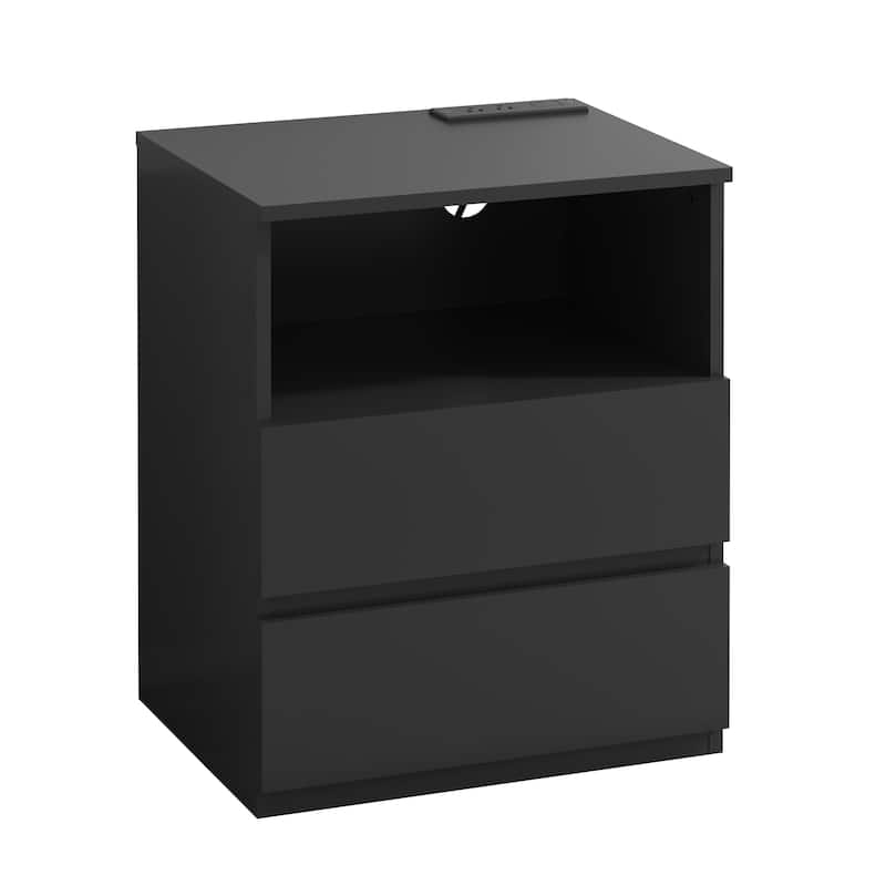 Nightstand with Charging Station, Sofa Side Table with Open Shelves & 2 Drawers, Large Capacity Wood Storage Cabinet