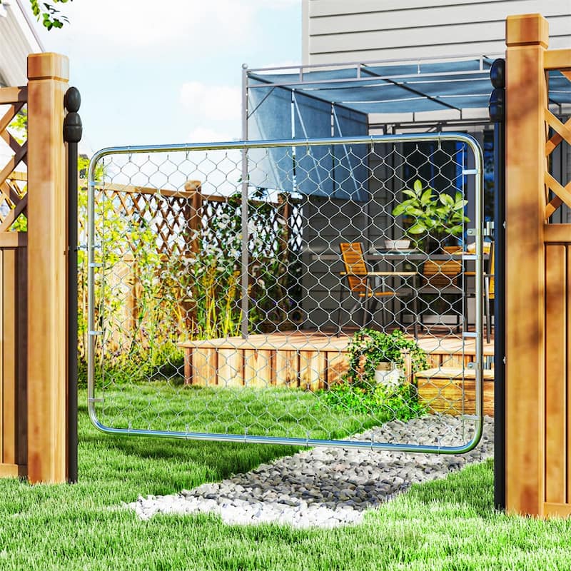 Silver Galvanized Steel Garden Gate with Latch and Hinges for Outdoor Fence Openings - 26"-47.2" W x 70.9" H