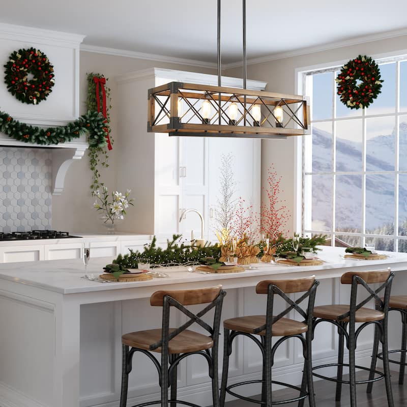 Farmhouse 5-Light Rectangle Wood Chandelier Kitchen Island Lights - L31.5"xW10"xH10"