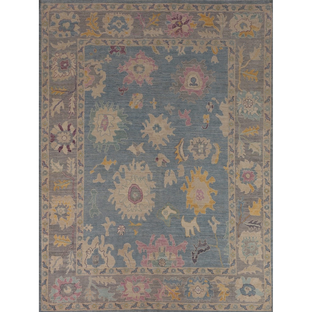 Blue Floral Oushak Turkish Area Rug Hand-Knotted Wool Carpet - 8'3"x 10'1"