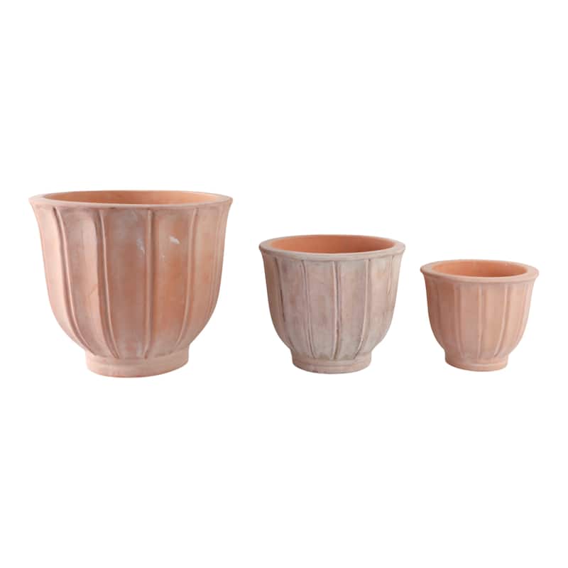 Pottery Clay Planters with Petal Ribbed Detailing (Set of 3) - 15" x 15" x 13"