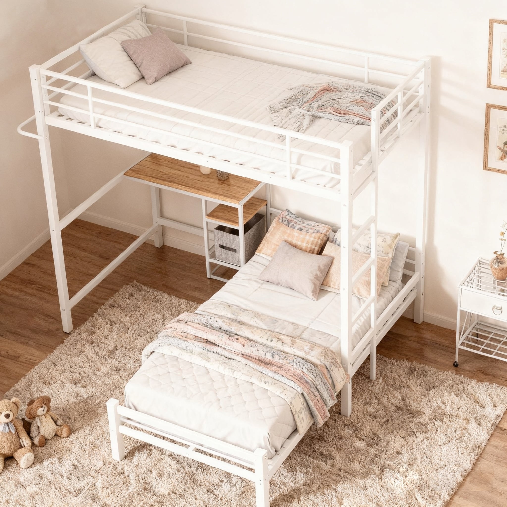Twin over Twin L-Shaped Bunk Bed with Desk, Storage Shelves & Safety Guardrail, Metal Loft Bed