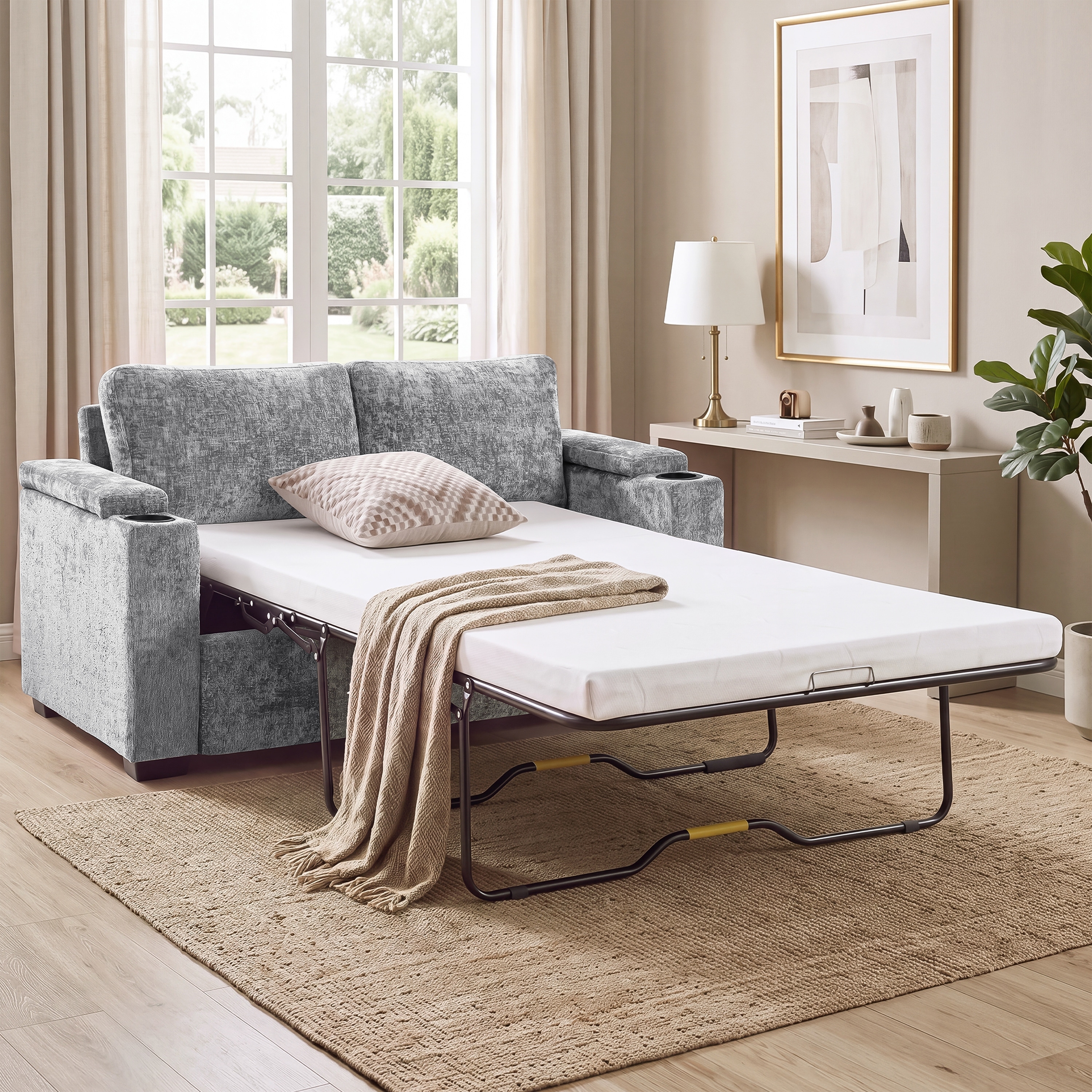 56.7" Pull Out Sofa Bed Convertible Sofa Loveseat Sleeper with Mattress, Two Cup Holders and Arm Storage Space