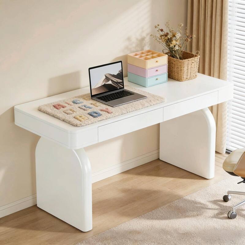 63" Modern White Office Desk with 2 Drawers and Sturdy U-Shaped Legs