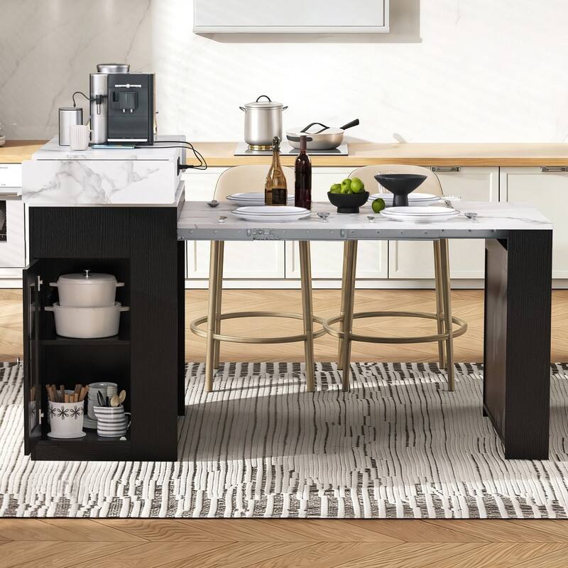 57.7" Kitchen Island with Extendable Top on Wheels, Kitchen Dining Table, Bar Table with Drawers and Power Outlet