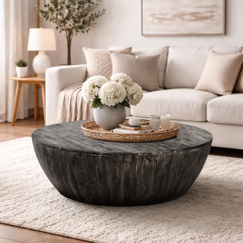 Arthur 35.5 Inch Round Mango Wood Coffee Table Subtle Grains - Sandblasted Black