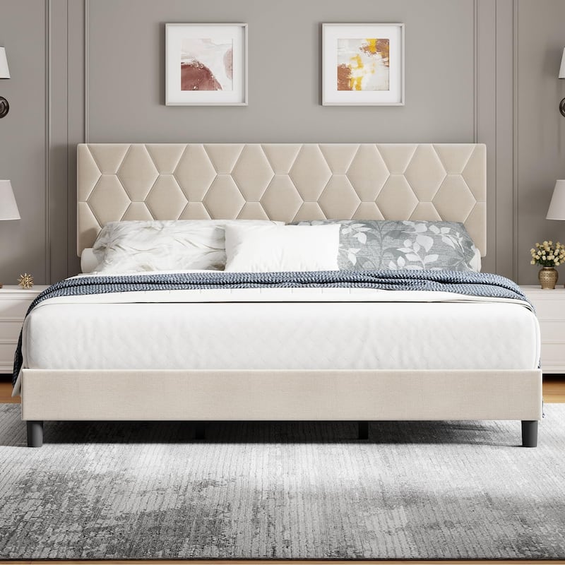 Bed Frame with Headboard - Beige - Queen