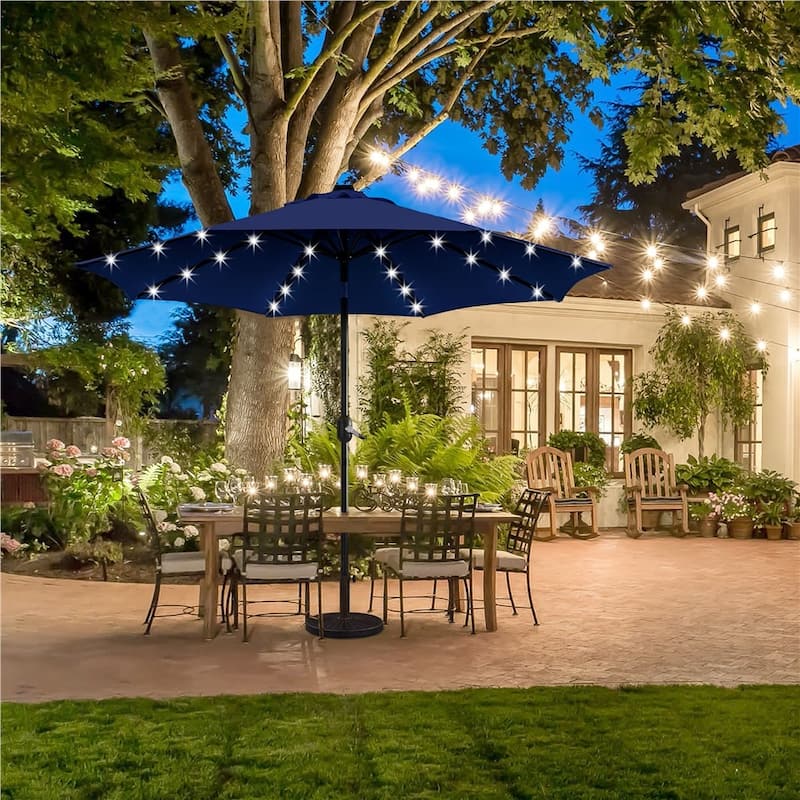 Yaheetech 9FT Patio Umbrella with 32 LED Lights Market Umbrella with 8 Ribs - Navy Blue