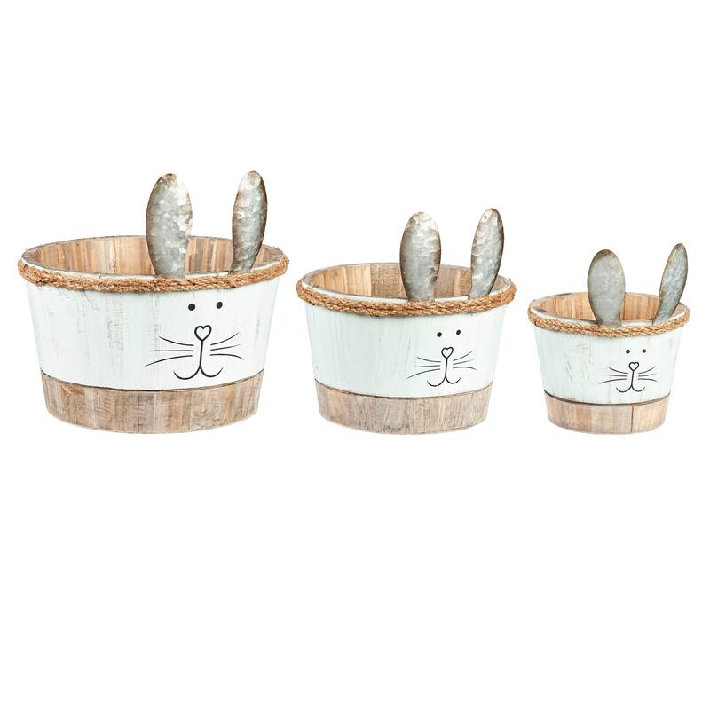 Wood Bunny Planter with Metal Ears, Set of 3