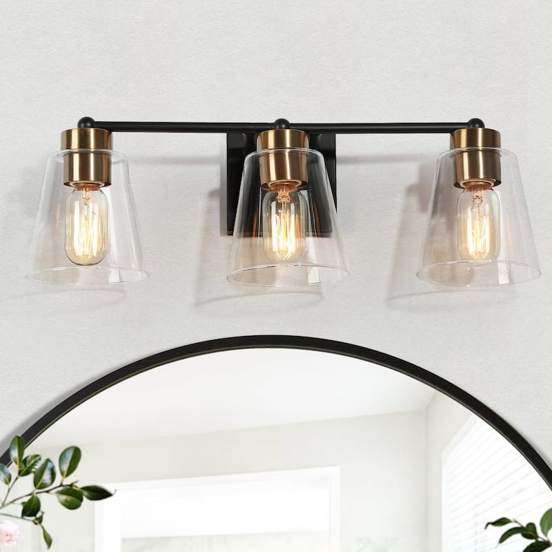 Airielle Black Gold 3-Lights Bathroom Vanity Lights Modern Farmhouse Wall Lamps with Cylinder Glass Shade - L 21.2" x W 6.3" x H 8.3" - Black & Gold