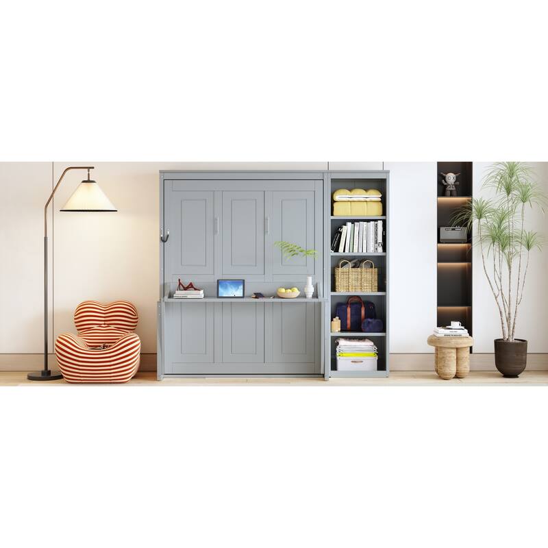 Space-Saving Full Size Murphy Bed with Built-in Desk and Bookshelves in Gray