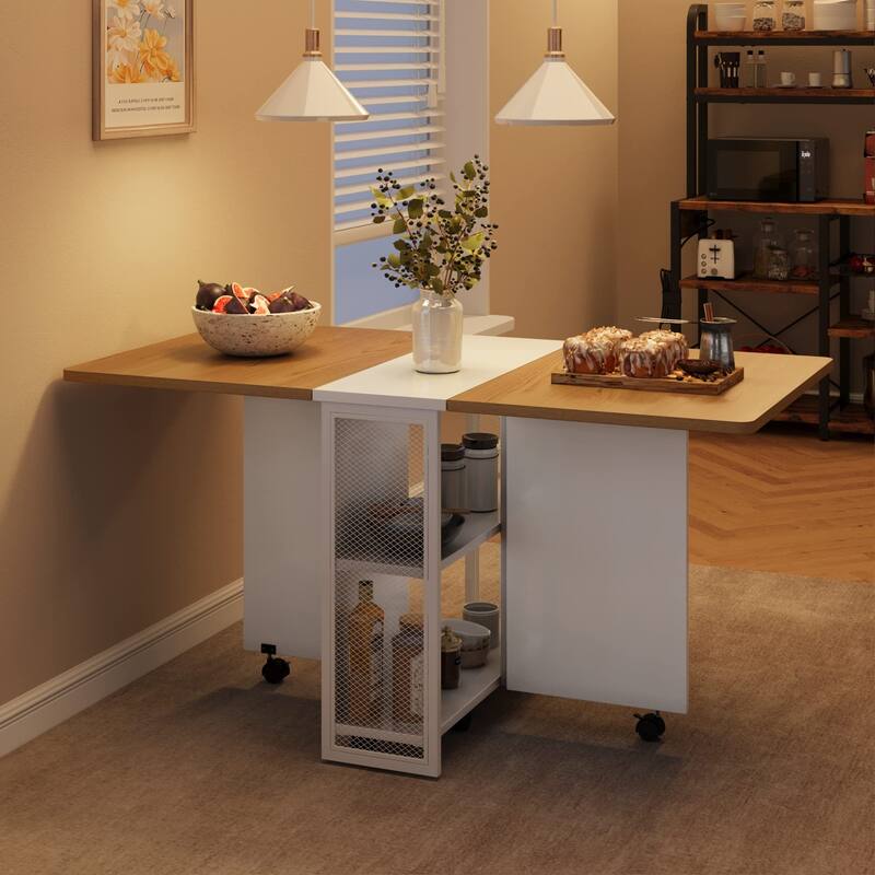 50.1inch Modern Extendable Dining Table with Drop Leaf and 2 Storage Racks - 50.1"D x 31.4"W x 29.5"H