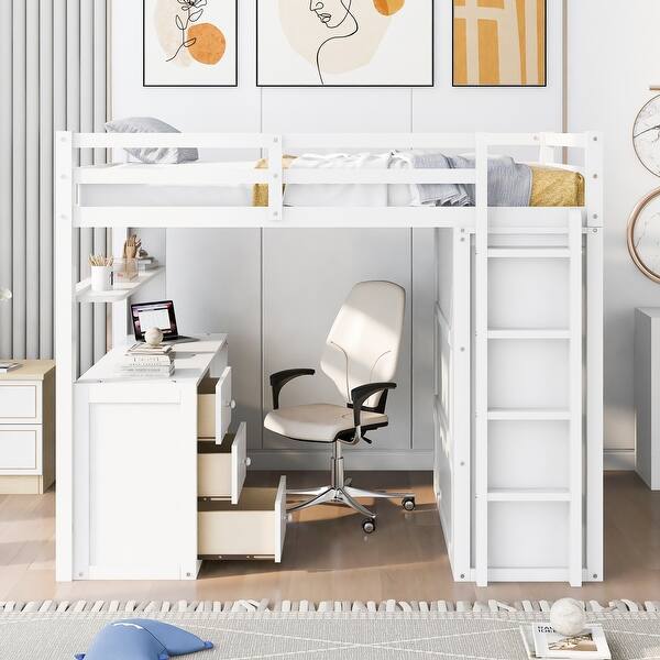slide 2 of 13, Muti-Functional Full Size Loft Bed with Desk and Wardrobe, Solid Guardrails and Ladder White