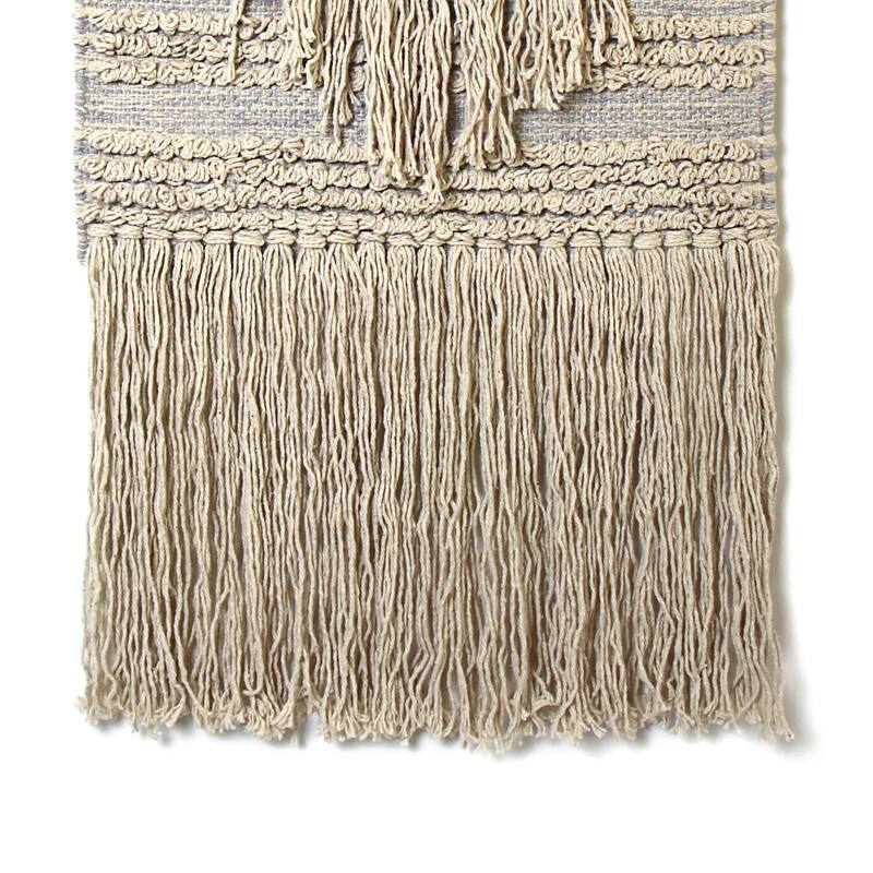 Handwoven Boho Wall Hanging, Blue Grey with Cream Fringe