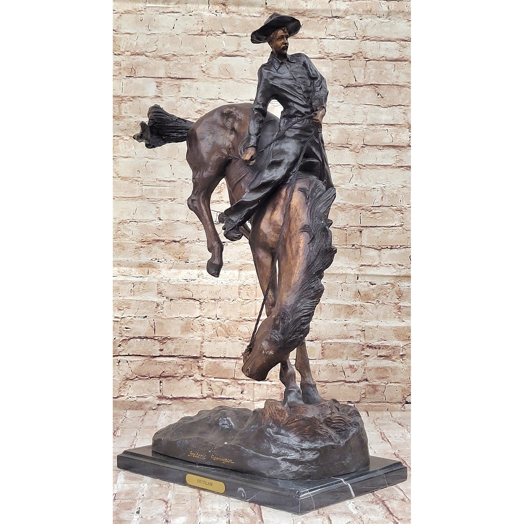 Outlaw By Frederic Remington Western Cowboy Imitative Horseback Bronze Statue Sculpture 27 Inches X 24 Inches