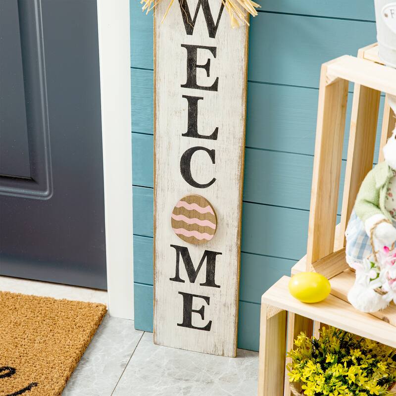 Glitzhome Easter Wooden Bunny Family Standing Decor Porch Sign with Wreath Welcome Wall Decor Party Supplies Props