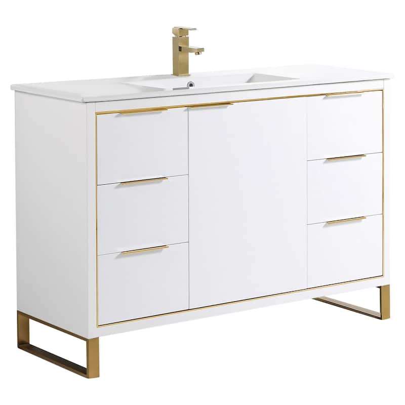 Fine Fixtures Opulence Collection Bathroom Vanity with White Ceramic Sink - 48 Inch - White Matte - Satin Brass Hardware