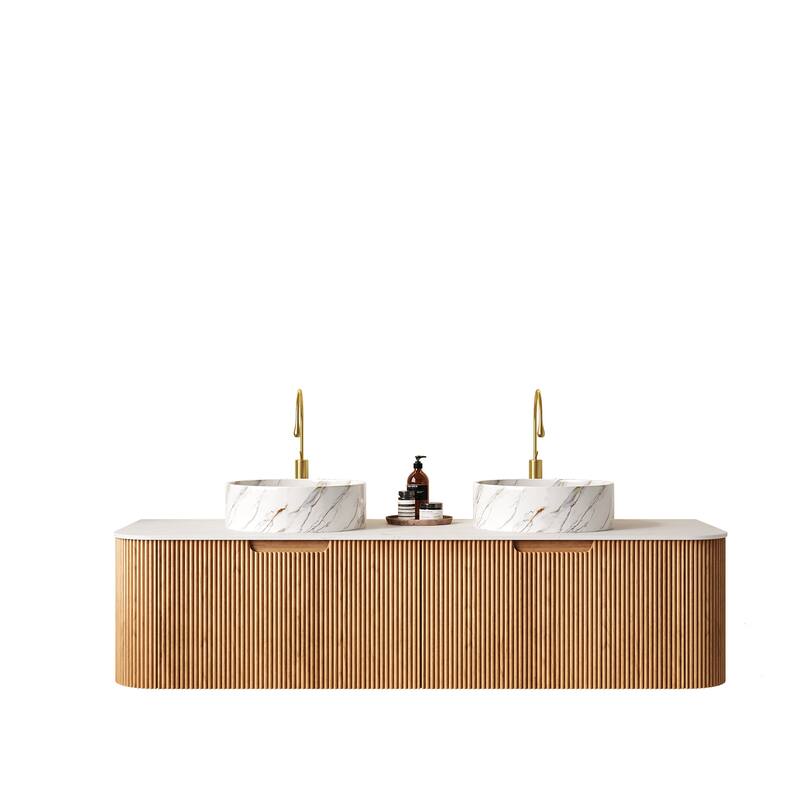 GDFStudio - Dina 60" Curved Edges Striped Bathroom Vanity with 2 White Stone Ceramic Basins, 2 Drawers, NO Faucet