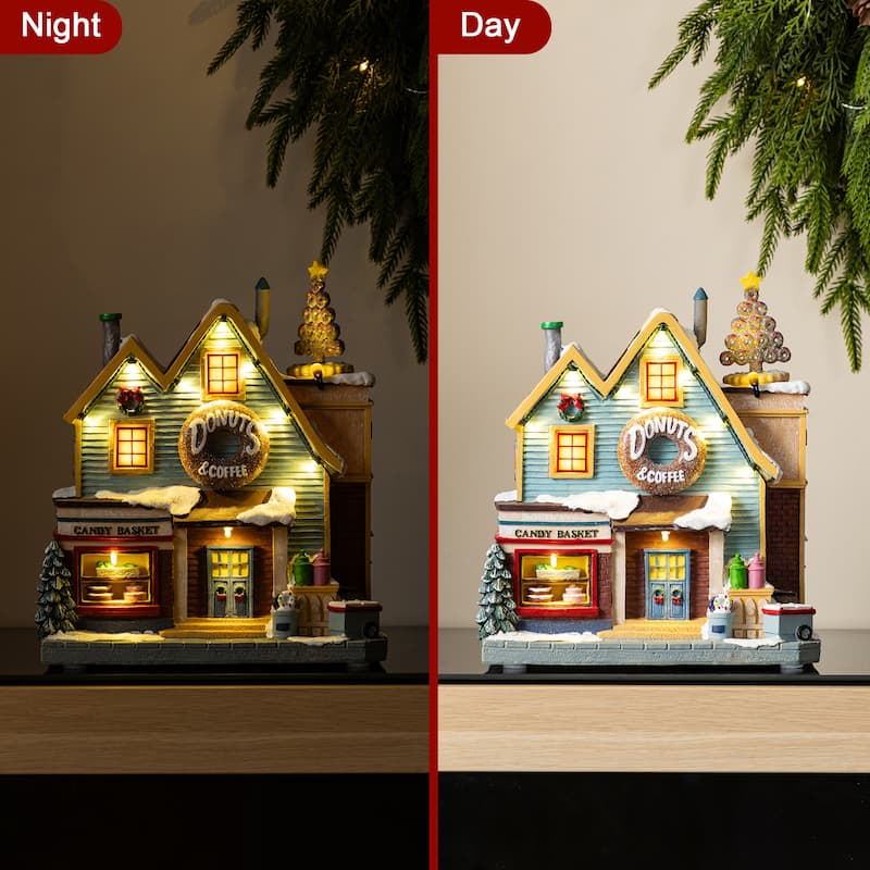 Glitzhome 10.25"H Lighted Christmas Donuts & Coffee Shop Resin Village with Movement and Music