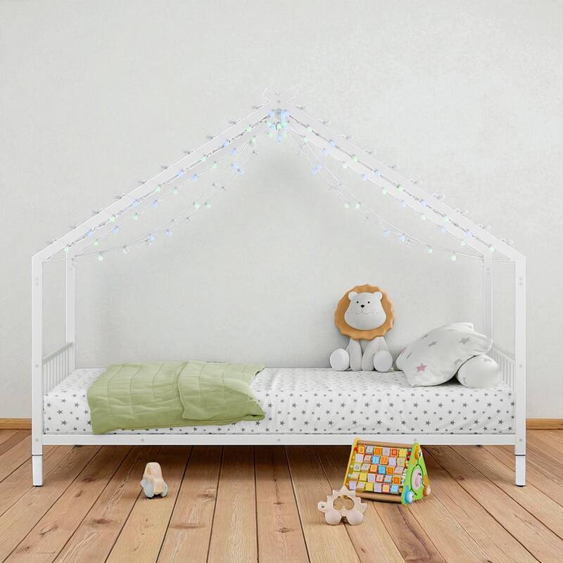 Twin/Full Size Kids Roof-Shaped Metal Bed Frame with Colorful LED Lights, Low Profile Design, 350 lb Capacity