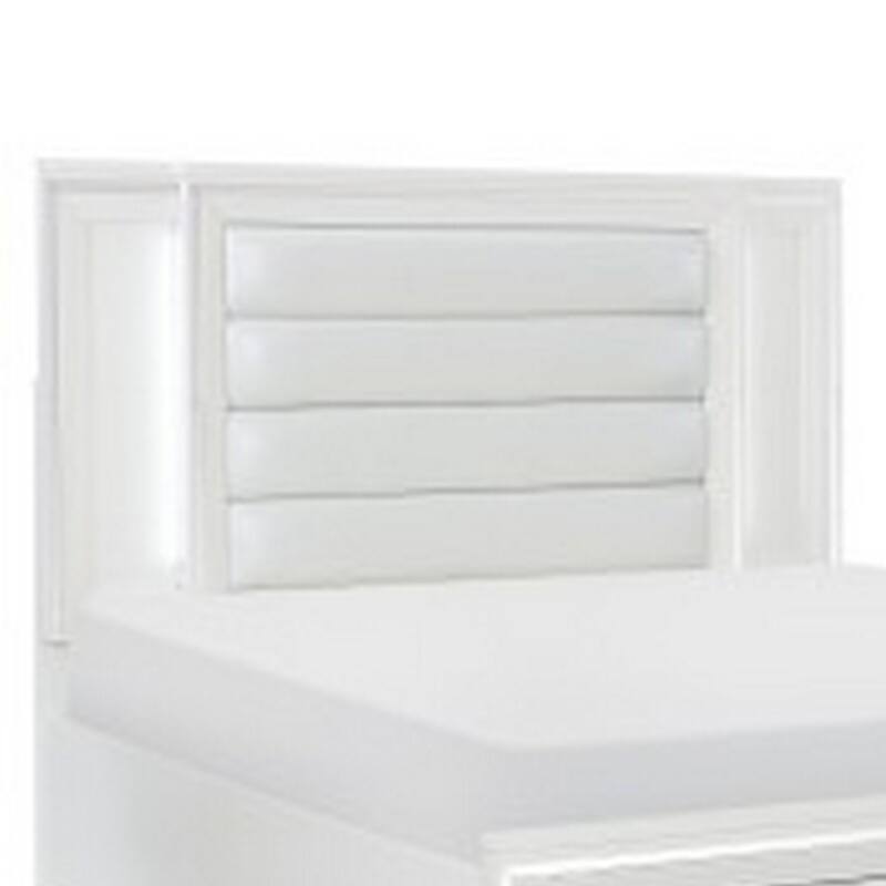 Delcy Queen Platform Bed, LED Headboard, 2 Drawer Footboard, Mirror, White