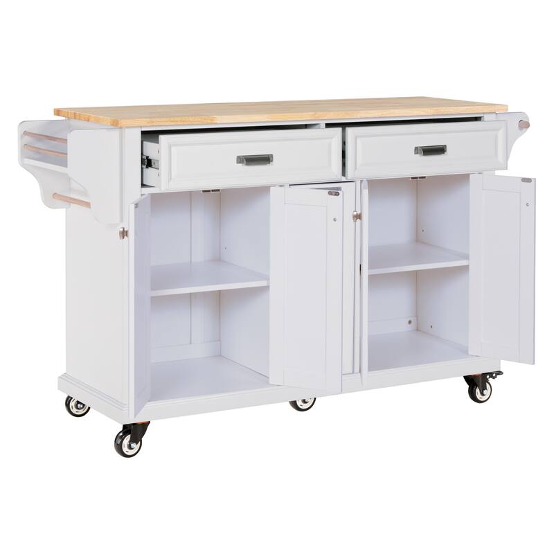 Kitchen Island with Rubber Wood Top, Portable Island Cart on Wheels, Rolling Cart with 2 Drawers & Adjustable Shelves
