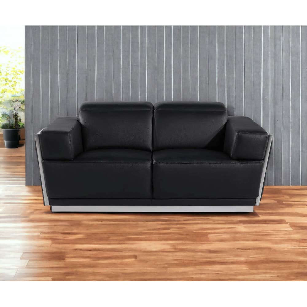 HomeRoots 70" Black And Silver Italian Leather Loveseat