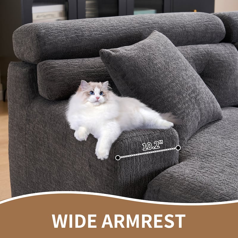 105" Wood Grain Chenille 3-Seater Sectional Sofa with Chaise Lounge and 2 Pillows