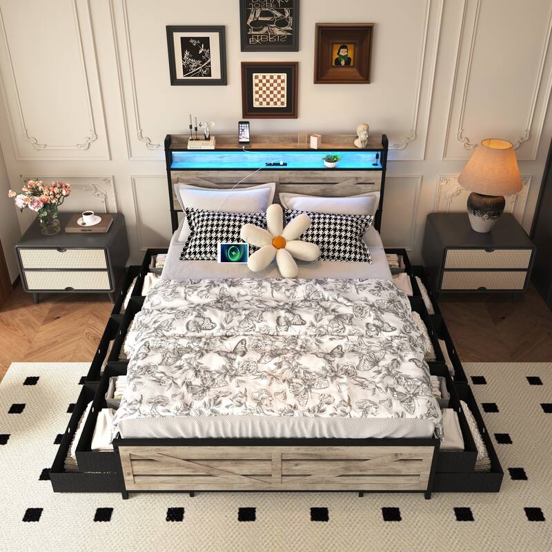 Full-size bed frame with storage headboard and 12 drawers with LED lights
