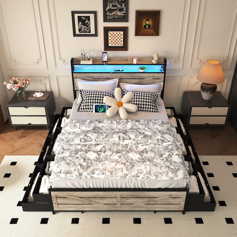 Storage Bed Frame with 12 Fabric Drawers, Metal Platform Bed with Headboard Footboard, LED Lights, Integrated Charging Station - Gray - Full