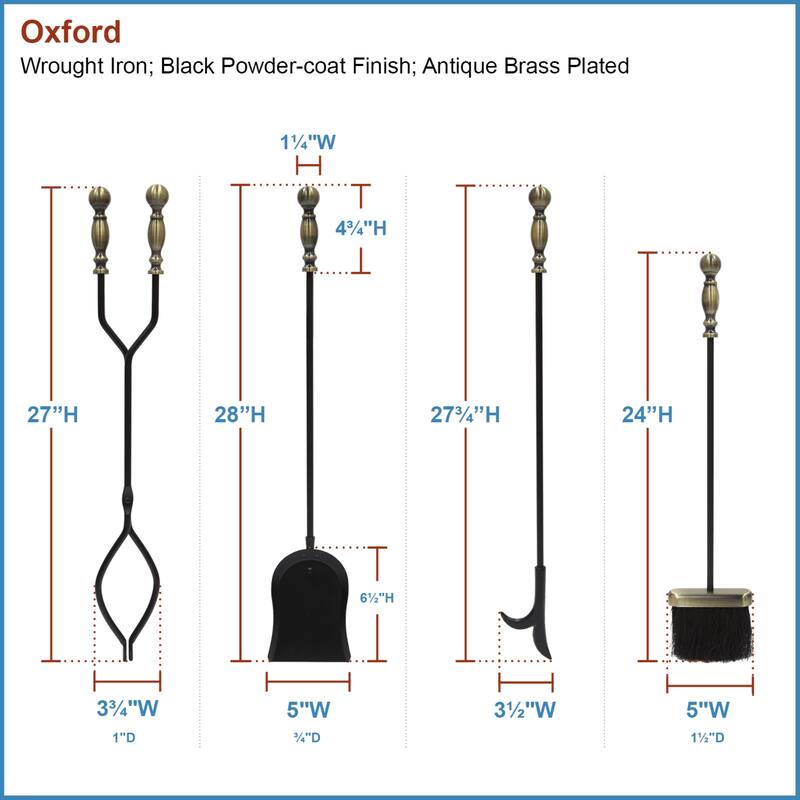 Achla Designs Oxford Set of 4 Fireplace Tools, 30.5 Inch Tall, Black and Polished Brass