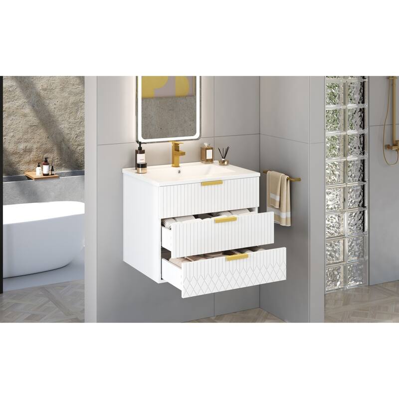 Roomfitters 24 Inch Wall Mounted Floating Vanity, Modern Small Bathroom Cabinet with Ceramic Basin Sink & 2 Sliding Tiers