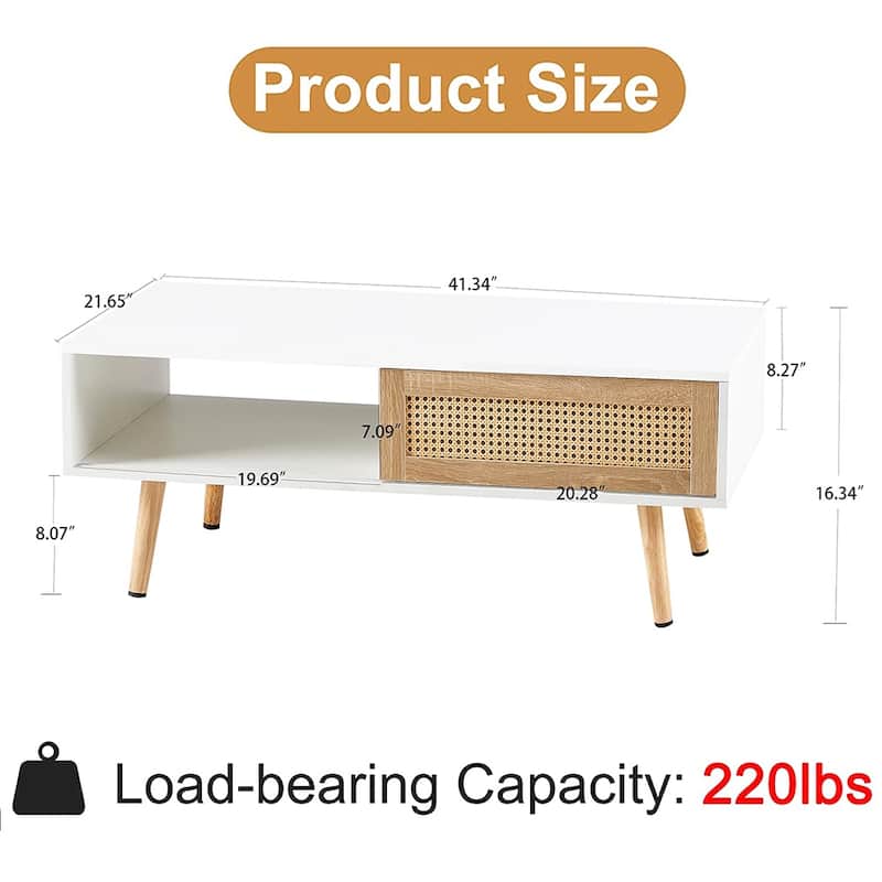 Rattan Coffee Table,Accent Table,Sliding Woven Door&Solid Wood Legs - 41.34"L x 21.65"W x 16.34H