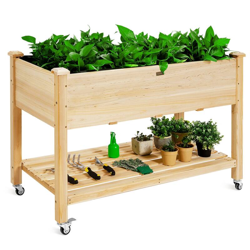 Costway Raised Garden Bed Wood Elevated Planter Bed w/Lockable Wheels - See Details
