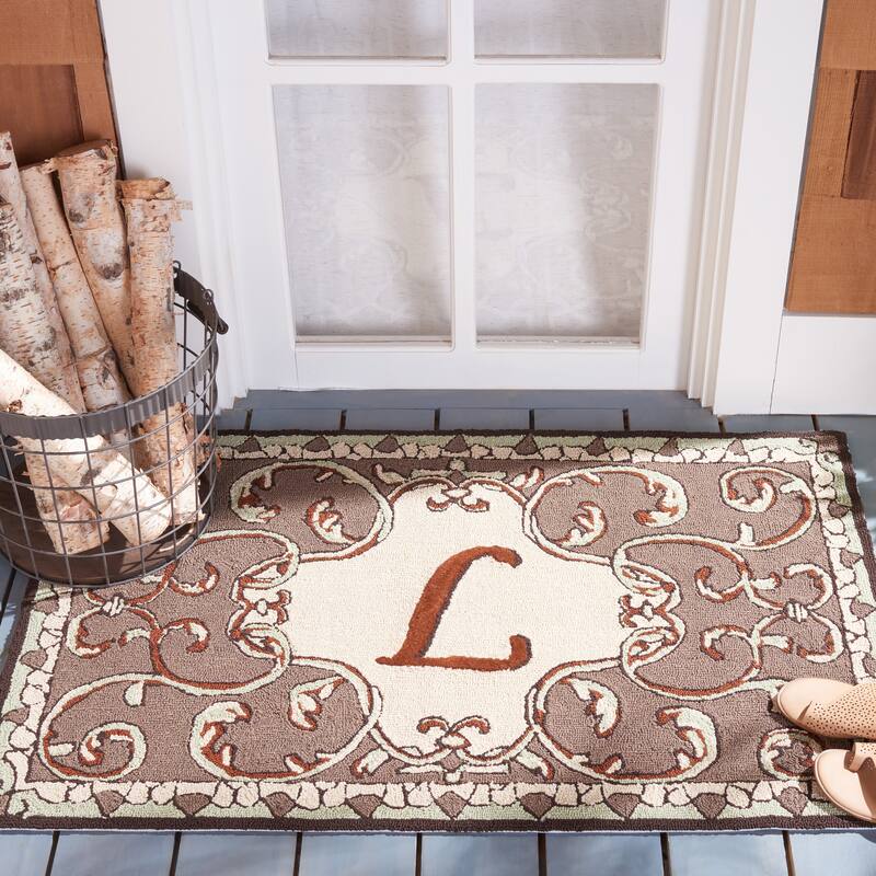 SAFAVIEH Hand-hooked Monogram Athina J Mocha Rug - 2' 6" x 4' - Mocha - L