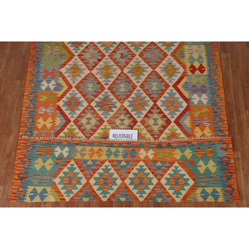 Hand-Woven Geometric Kilim Area Rug Oriental Wool Carpet - 6'2" x 7'10"