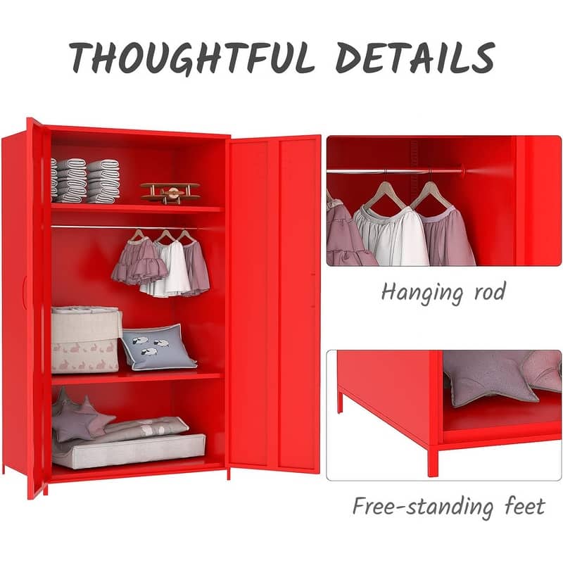 Double Doors Metal Locker Cabinet Storage with Hanging Rod and Shelves for Bedroom School Classroom