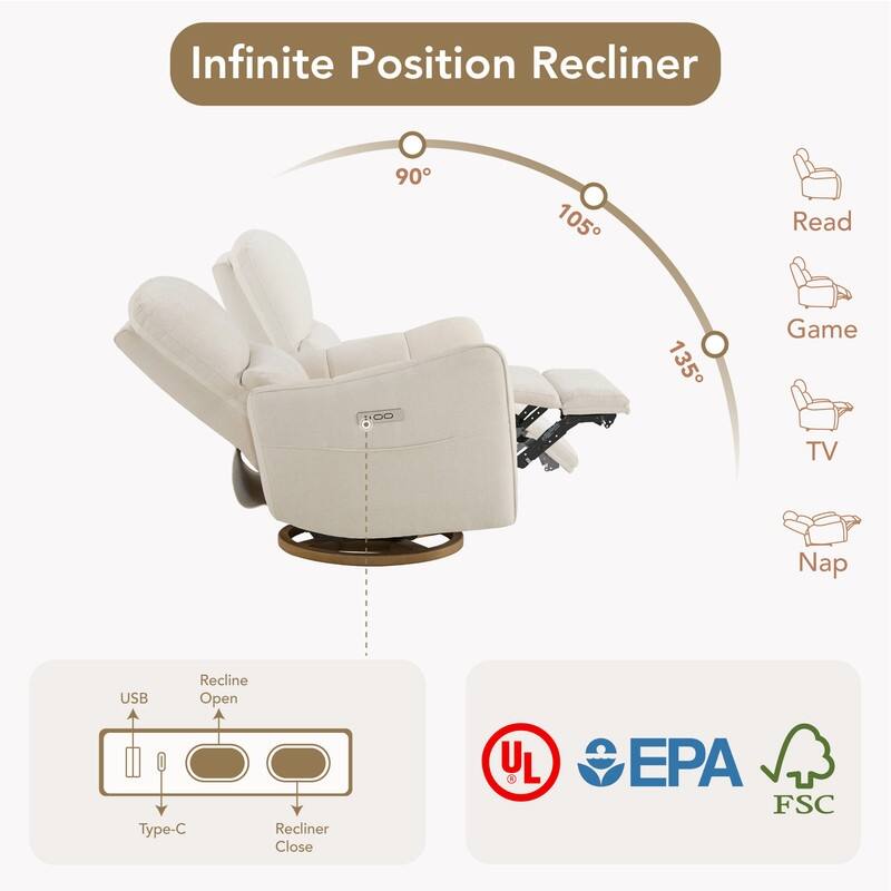 Spruce & Spring Power Swivel Recliner Chair Nursery Glider with Lumber Pillow